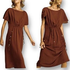 Zara Linen Viscose Blend Brown‎ Beaded Boho Tunic Western Soft MIDI Dress Size S